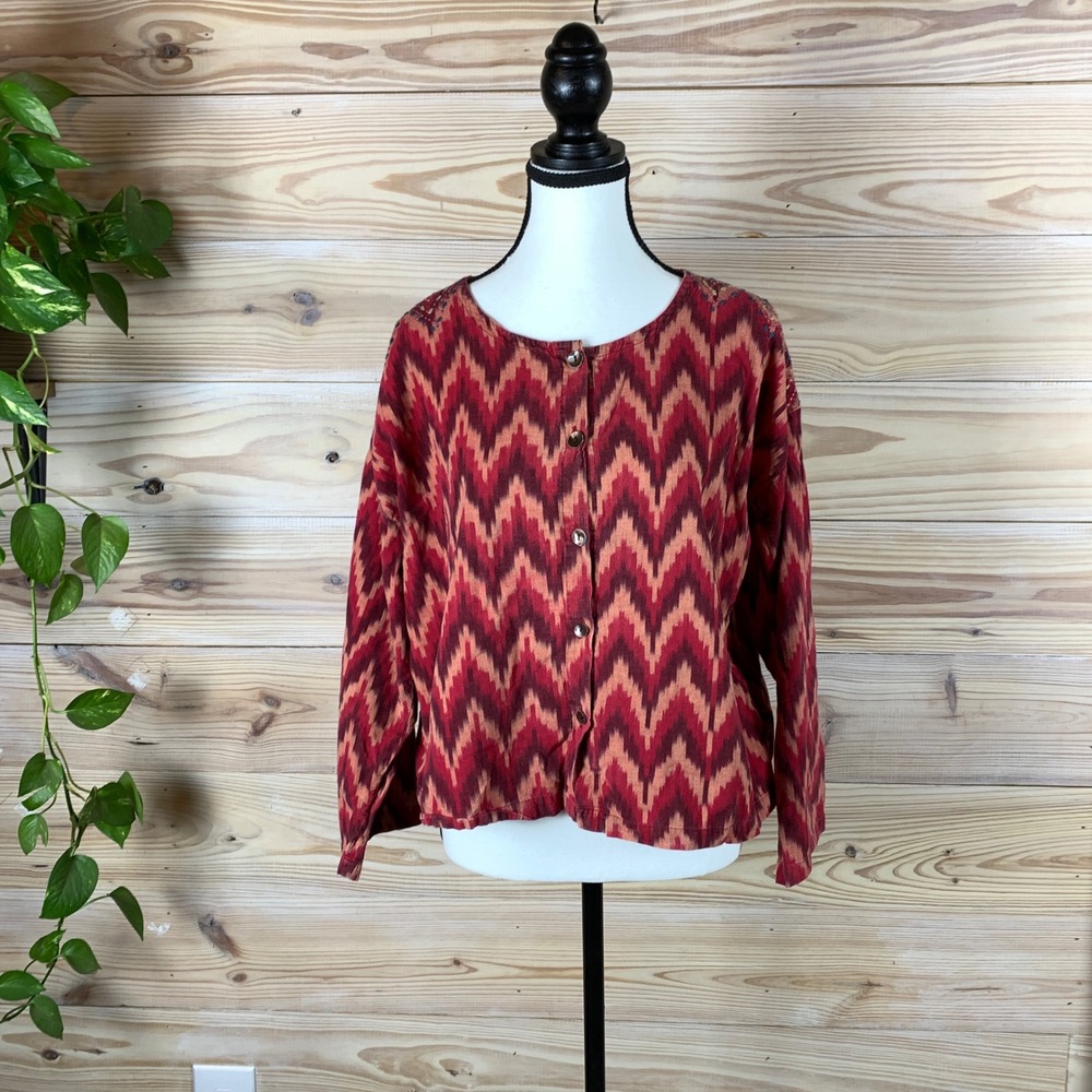 Marketplace Handwork of India Top Women Large Red Ikat Boho Beaded Cotton Blouse
